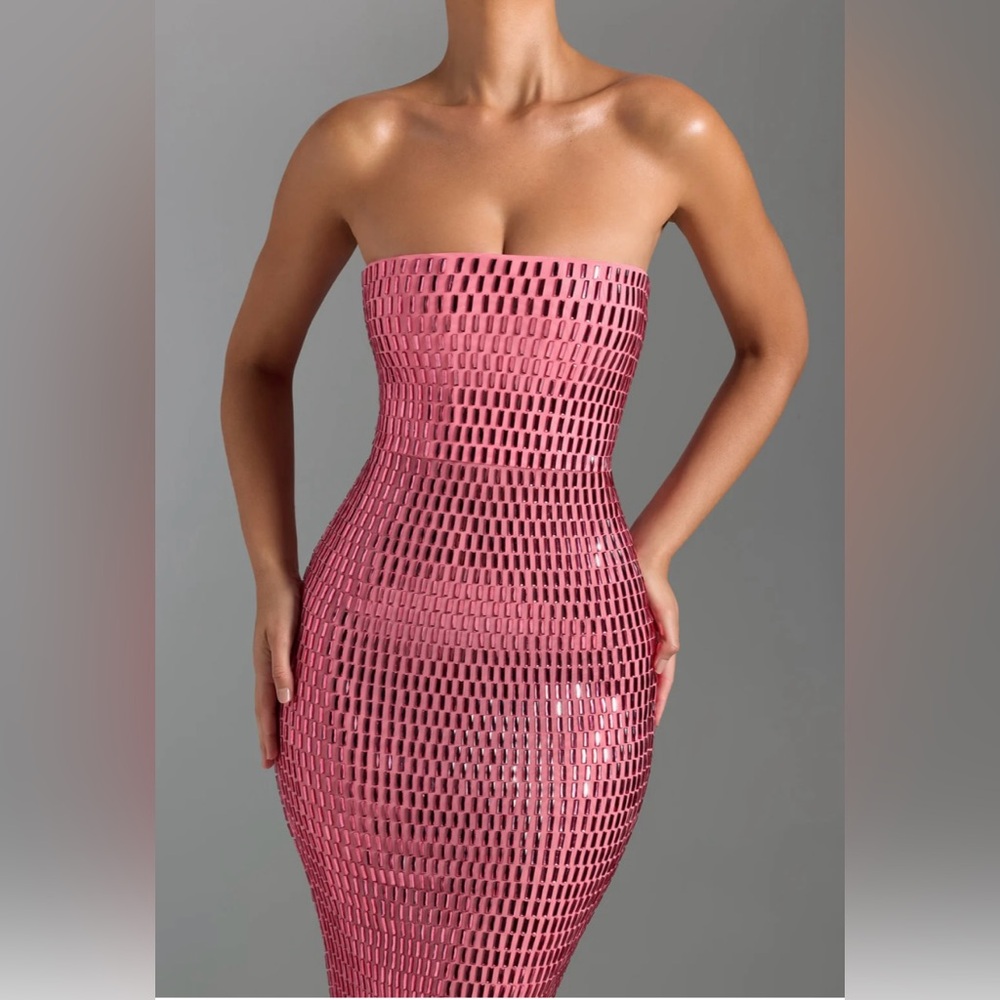 Strapless Pink Mesh Sequin Evening Gown - Picture 3 of 13